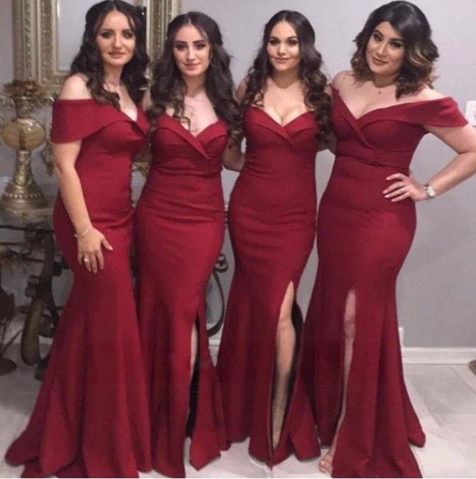Sexy V-Neck Wine Red Mermaid Bridesmaid Dresses Satin Cap Sleeve Side Split Wedding Guest Gown Plus Size Prom Dresses - RongMoon