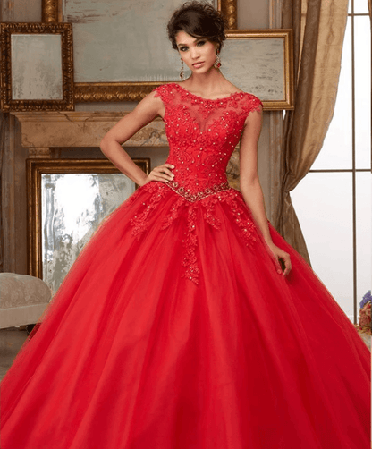 Pink Puffy Cheap Quinceanera Dresses Ball Gown Cap Sleeves Tulle Lace Beaded Crystals Sweet 16 Dresses - RongMoon