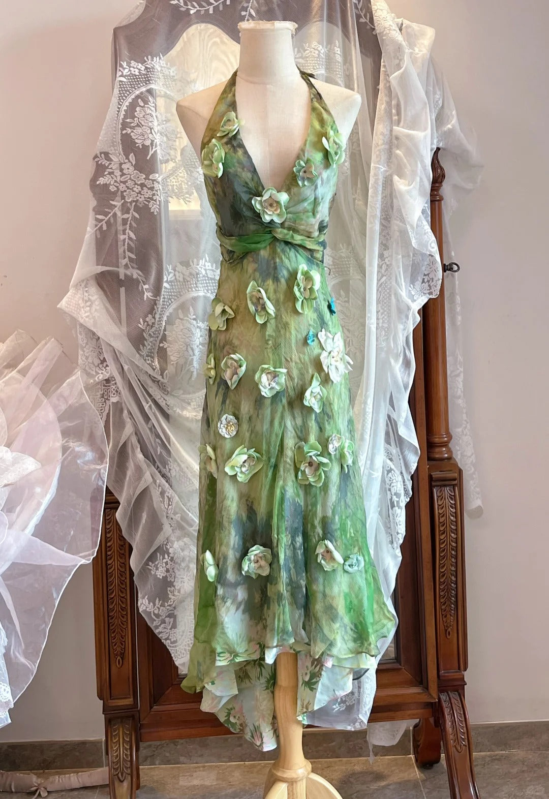 Fresh Green Floral Print Halter Neck Chiffon Prom Dress Evening Dress cc5324