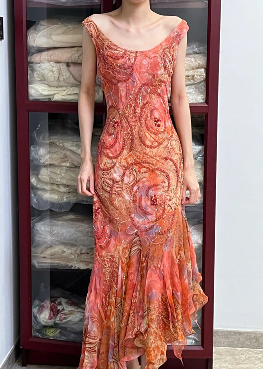 Retro Sparkling Orange-Red Mermaid Ruffled Beaded Chiffon Long Prom Dress Evening Dress cc5325