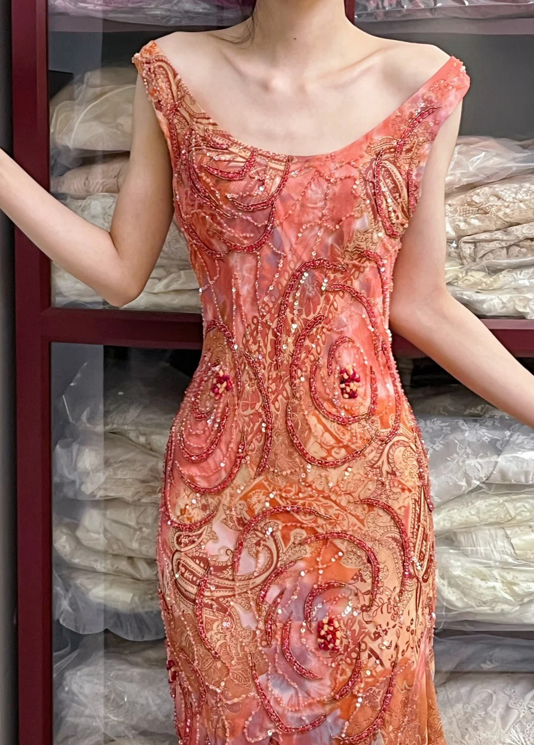 Retro Sparkling Orange-Red Mermaid Ruffled Beaded Chiffon Long Prom Dress Evening Dress cc5325