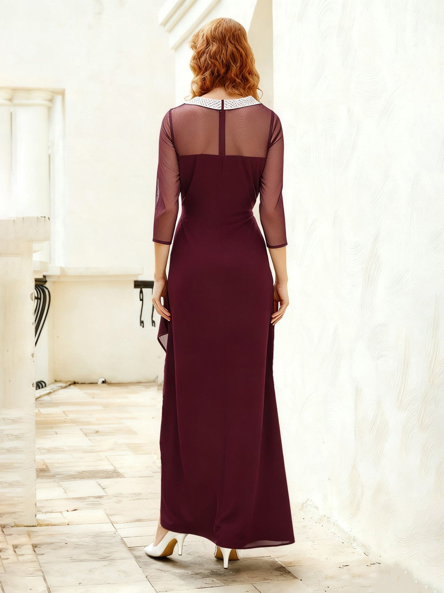 Illusion Neck Sheer 3/4 Sleeves Long Dress With Slit Cabernet