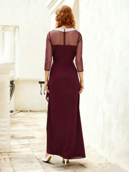 Illusion Neck Sheer 3/4 Sleeves Long Dress With Slit Cabernet