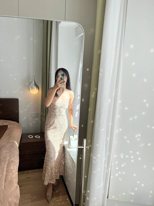 Elegant Champagne Gold Mermaid Halter V-neck Sequined Long Prom Dress Evening Dress cc5326