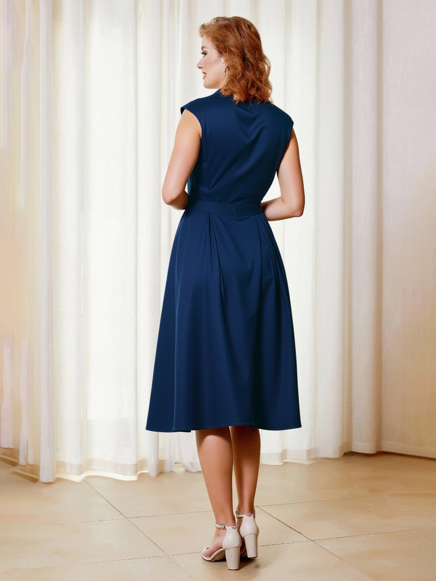 A-Line V-neck Cap Sleeves Knee-length Dress With Bow Navy Blue