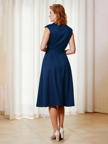 A-Line V-neck Cap Sleeves Knee-length Dress With Bow Navy Blue