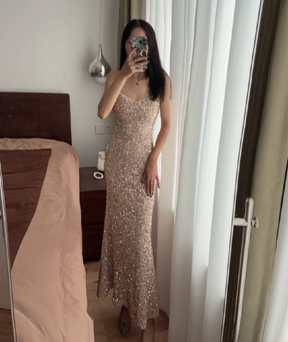 Elegant Champagne Gold Mermaid Halter V-neck Sequined Long Prom Dress Evening Dress cc5326