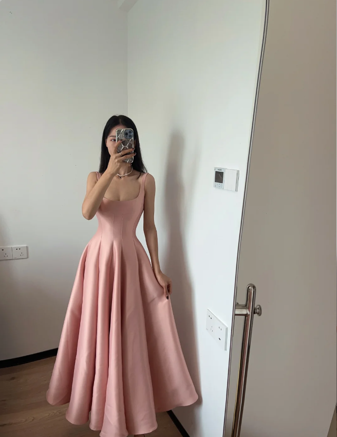 Simple And Elegant Pink A-line Square Neck Halter Satin Prom Dress Evening Dress cc5327