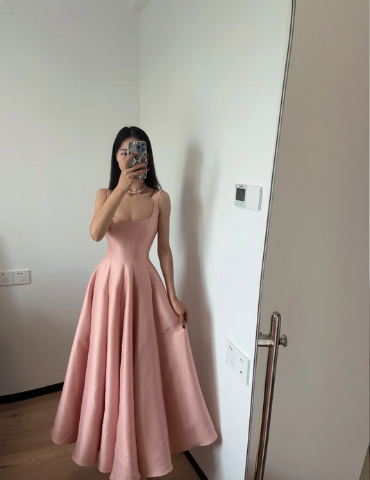 Simple And Elegant Pink A-line Square Neck Halter Satin Prom Dress Evening Dress cc5327