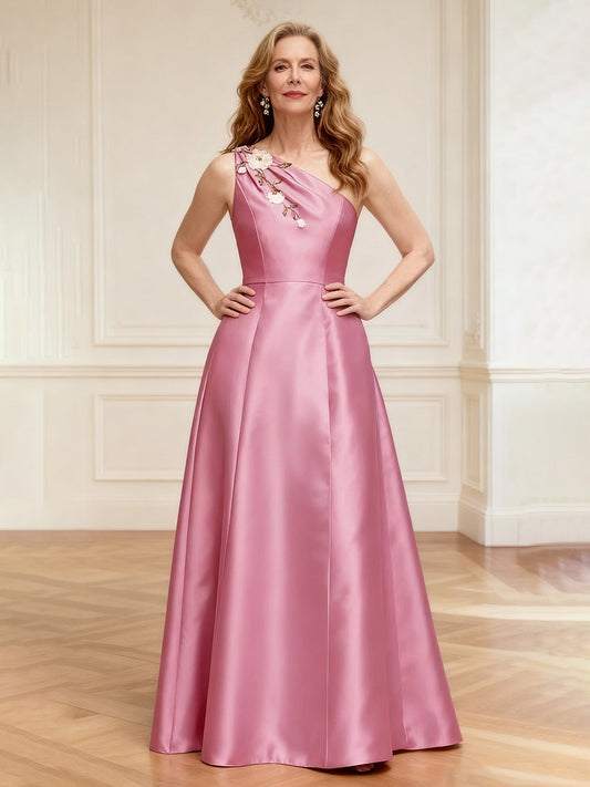 Floral One Shoulder A-Line Satin Long Dress Pink