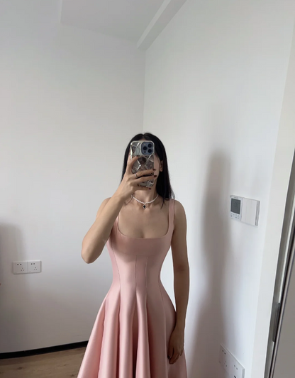 Simple And Elegant Pink A-line Square Neck Halter Satin Prom Dress Evening Dress cc5327