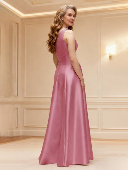 Floral One Shoulder A-Line Satin Long Dress Pink