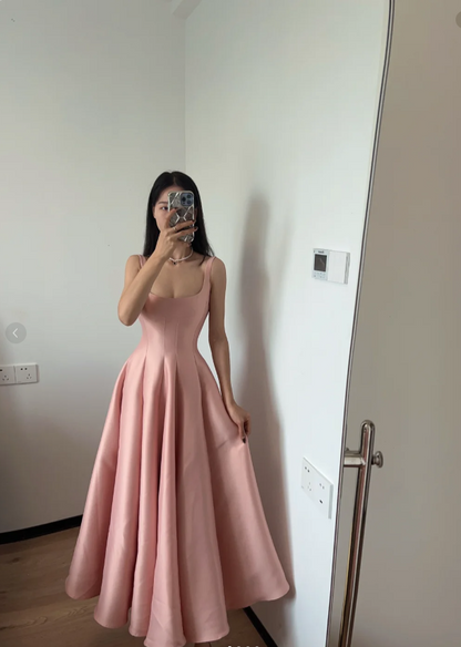 Simple And Elegant Pink A-line Square Neck Halter Satin Prom Dress Evening Dress cc5327