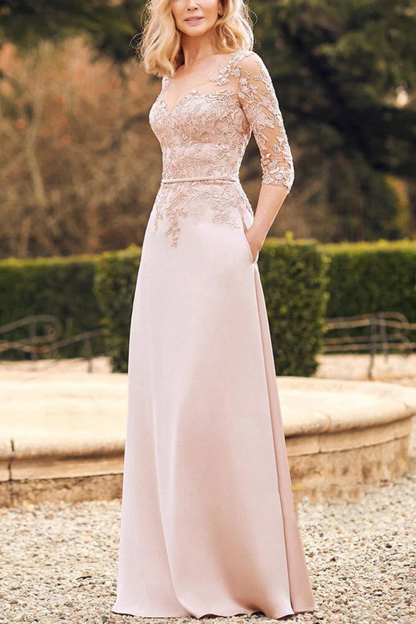 Unique A-line V-neck 3/4 sleeve lace patch with pockets mother of the bride dress