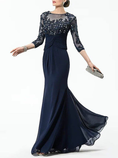 Two Piece Mermaid / Trumpet Sparkle Elegant Wedding Guest Formal Evening Dress Illusion Neck Half Sleeve Floor Length Chiffon with Crystals Appliques - RongMoon