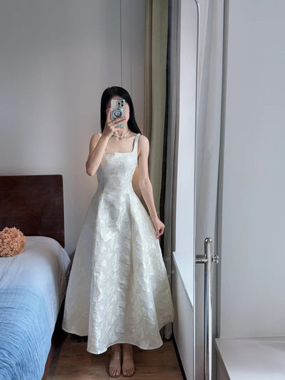 Elegant White A-line Square Neck Halter Top With Butterfly Jacquard Satin Long Prom Dress Evening Dress cc5328