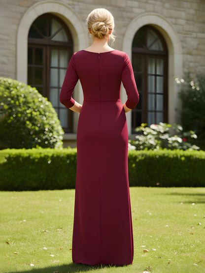 Sheath V-neck 3/4 Sleeves Ruffle Long Dress Burgundy