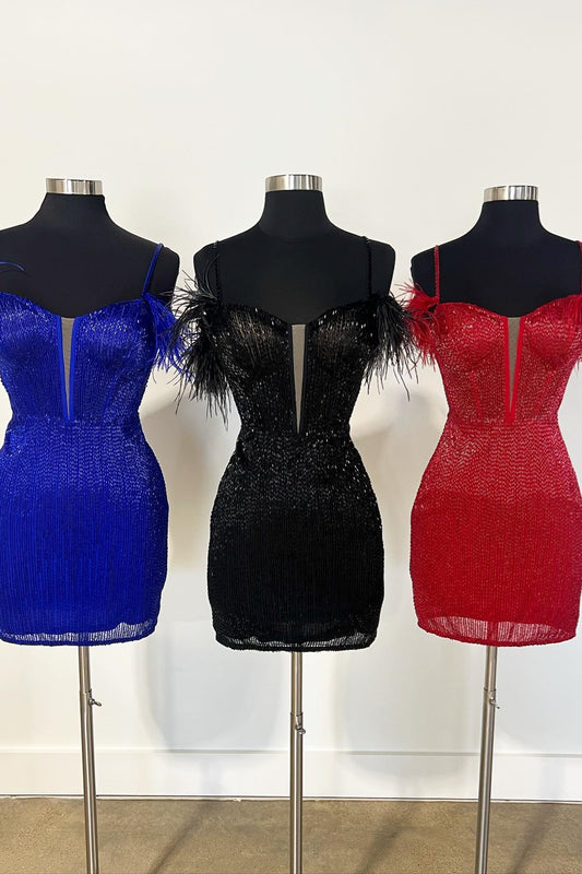 Royal Blue Sequins Deep V Neck Straps Homecoming Dress with Feathers