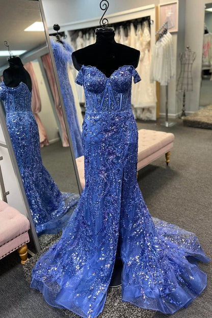 Off-the-Shoulder Sequin Lace Mermaid Long Dress with High Slit
