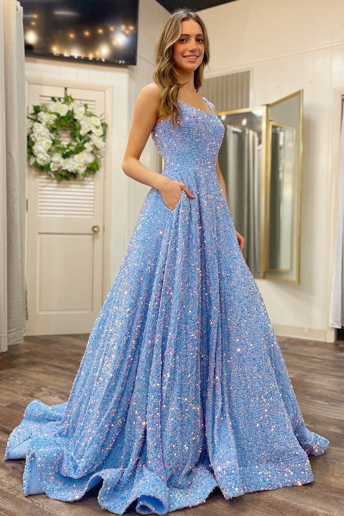 Red Sequin Square Neck Open Back Ball Gown