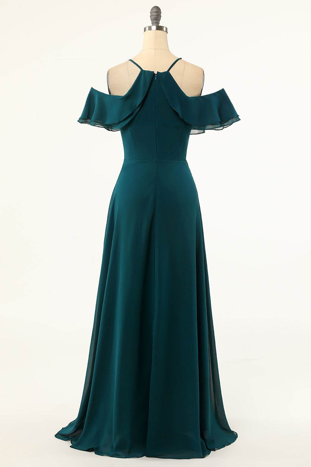 Hunter Green Cold Shoulder Ruffled Bridesmaid Dress