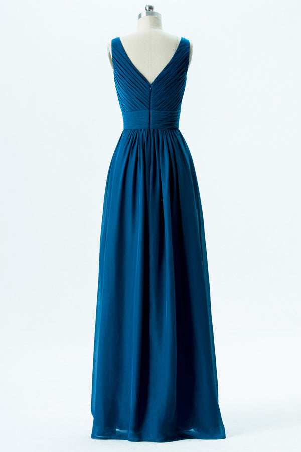 Teal Chiffon V-Neck Banded Waist Bridesmaid Dress