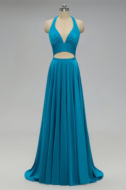 Elegant Halter Blue Long Bridesmaid Dress