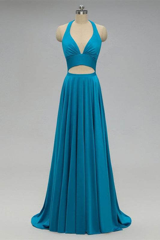 Elegant Halter Blue Long Bridesmaid Dress