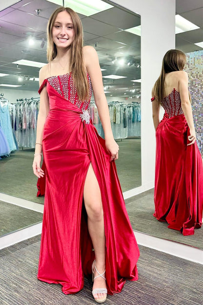Asymmetrical White Beaded Long Formal Dress with Attached Train