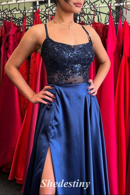 Spaghetti Straps Navy A-Line Slit Prom Dress with Sequins
