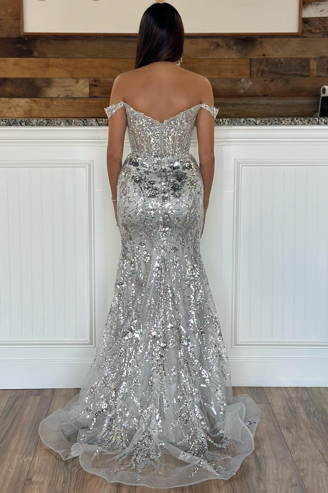 Off-the-Shoulder Sequin Lace Mermaid Long Dress with High Slit