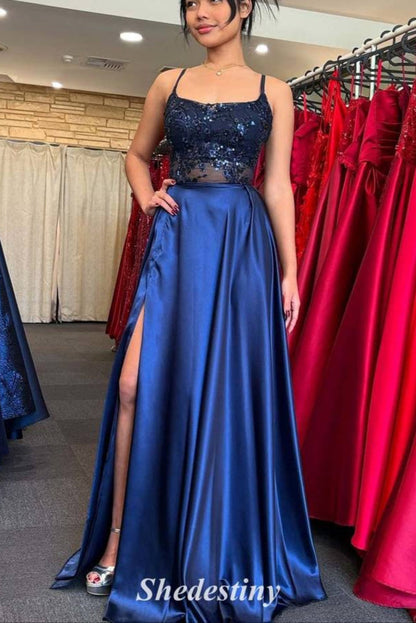 Spaghetti Straps Navy A-Line Slit Prom Dress with Sequins