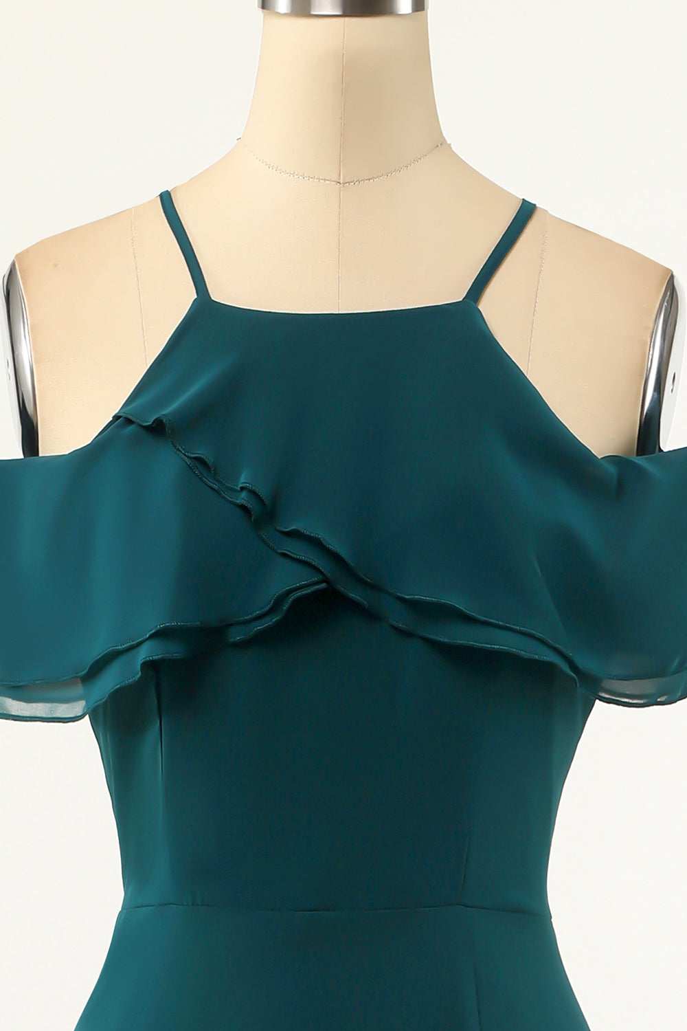 Hunter Green Cold Shoulder Ruffled Bridesmaid Dress