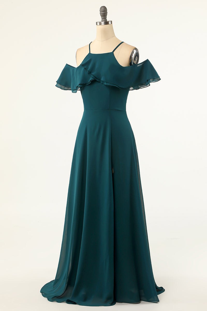Hunter Green Cold Shoulder Ruffled Bridesmaid Dress