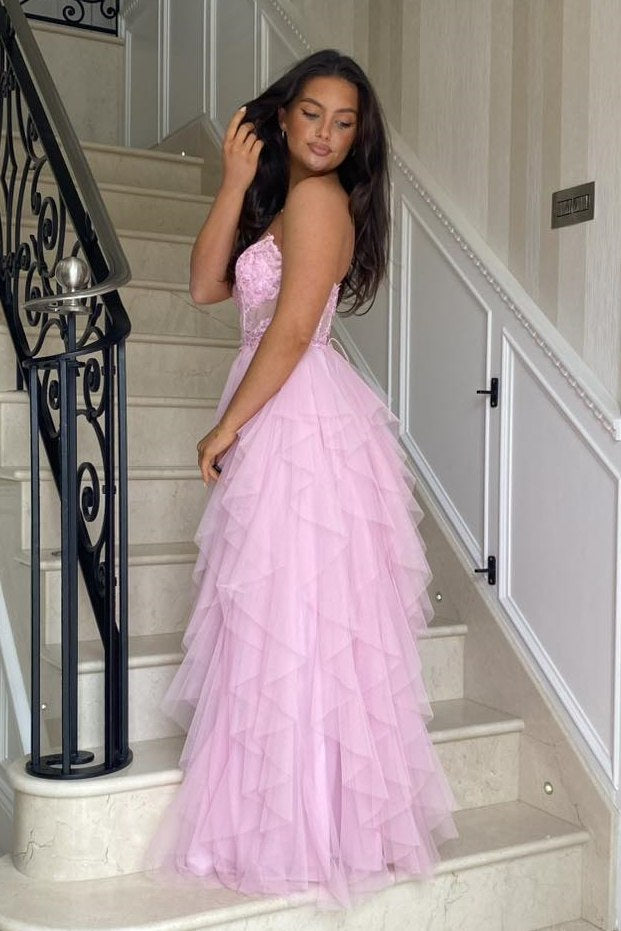 Gentle Tulle Coral Strapless Layered Prom Dress with Applique