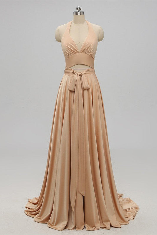 Backless Champagne Halter long Bridesmaid Dress