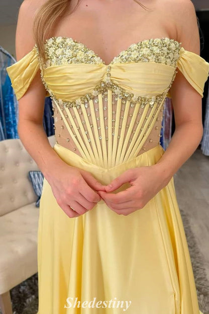 A-Line Yellow Off the Shoulder Beaded Corset Prom Dress