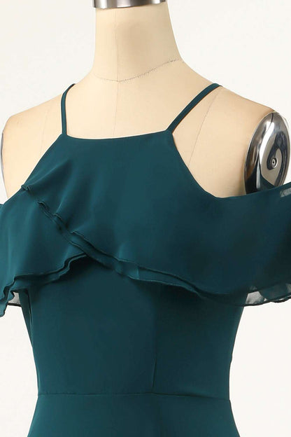 Hunter Green Cold Shoulder Ruffled Bridesmaid Dress