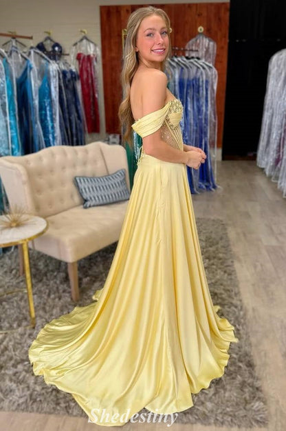 A-Line Yellow Off the Shoulder Beaded Corset Prom Dress