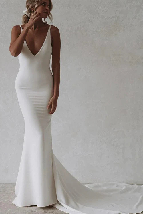 Aimishang Elegant Simple Mermaid V-Neck Satin Long Wedding Dresses Solid Color