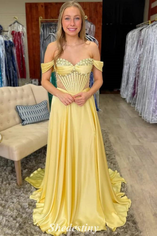 A-Line Yellow Off the Shoulder Beaded Corset Prom Dress