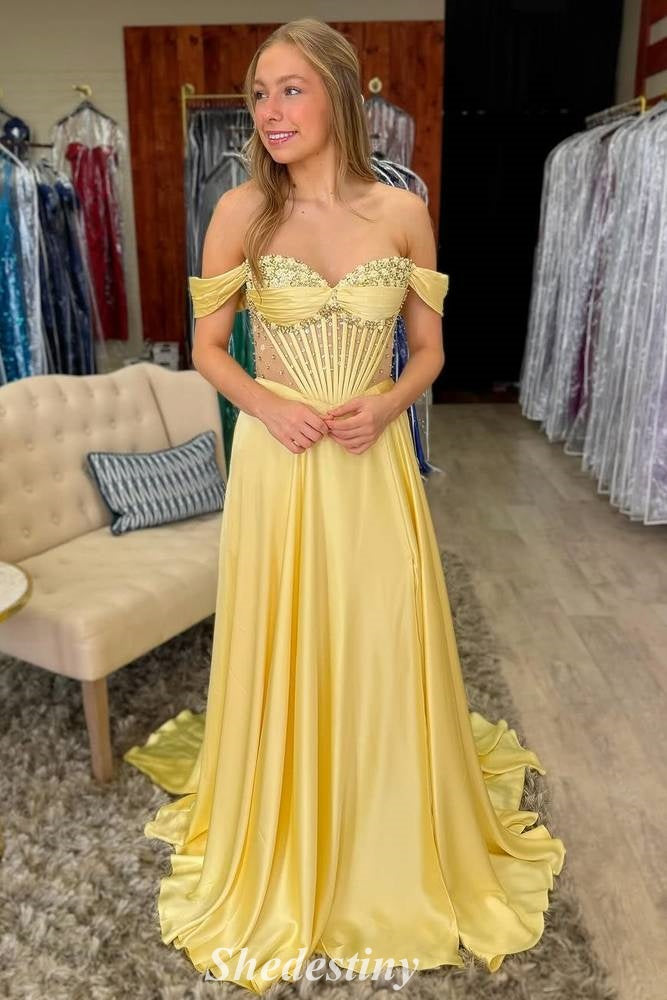 A-Line Yellow Off the Shoulder Beaded Corset Prom Dress
