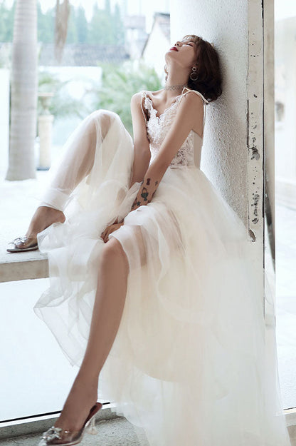 White lace tulle long prom dress white tulle lone evening dress