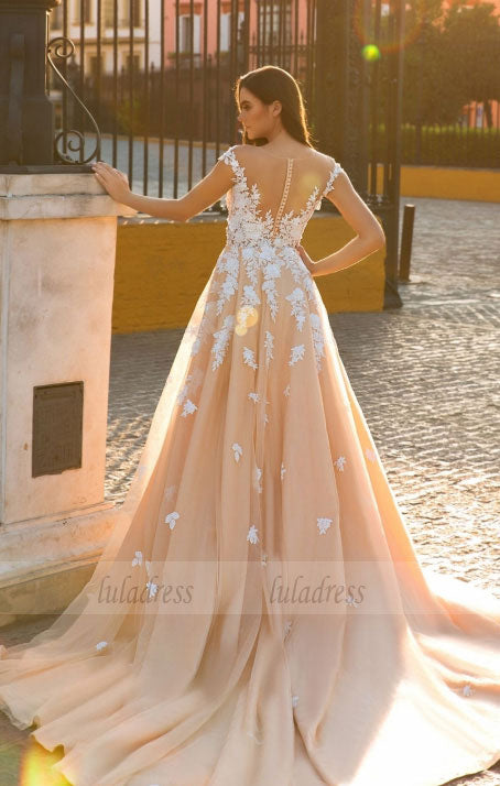 Chiffon Bridal Dress,Wedding Dress With Cap Sleeves,White Brides Dress,Backless Wedding Gowns