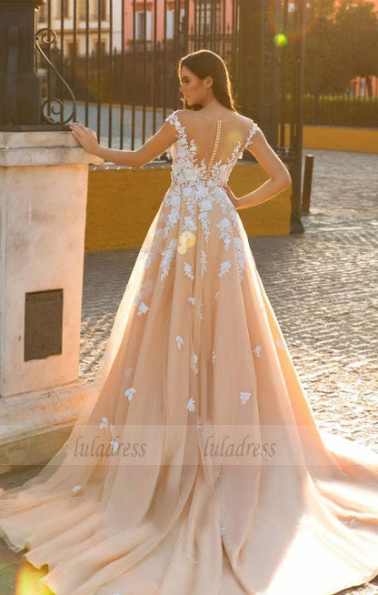 Chiffon Bridal Dress,Wedding Dress With Cap Sleeves,White Brides Dress,Backless Wedding Gowns