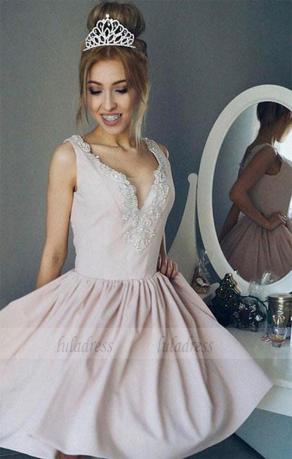 A-Line V-Neck Ruched Short Pearl Pink Satin Homecoming Dress with Beading