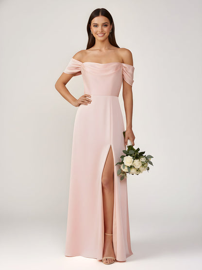 Off-The-Shoulder A-Line Floor Length Dresses With Slit Blushing Pink