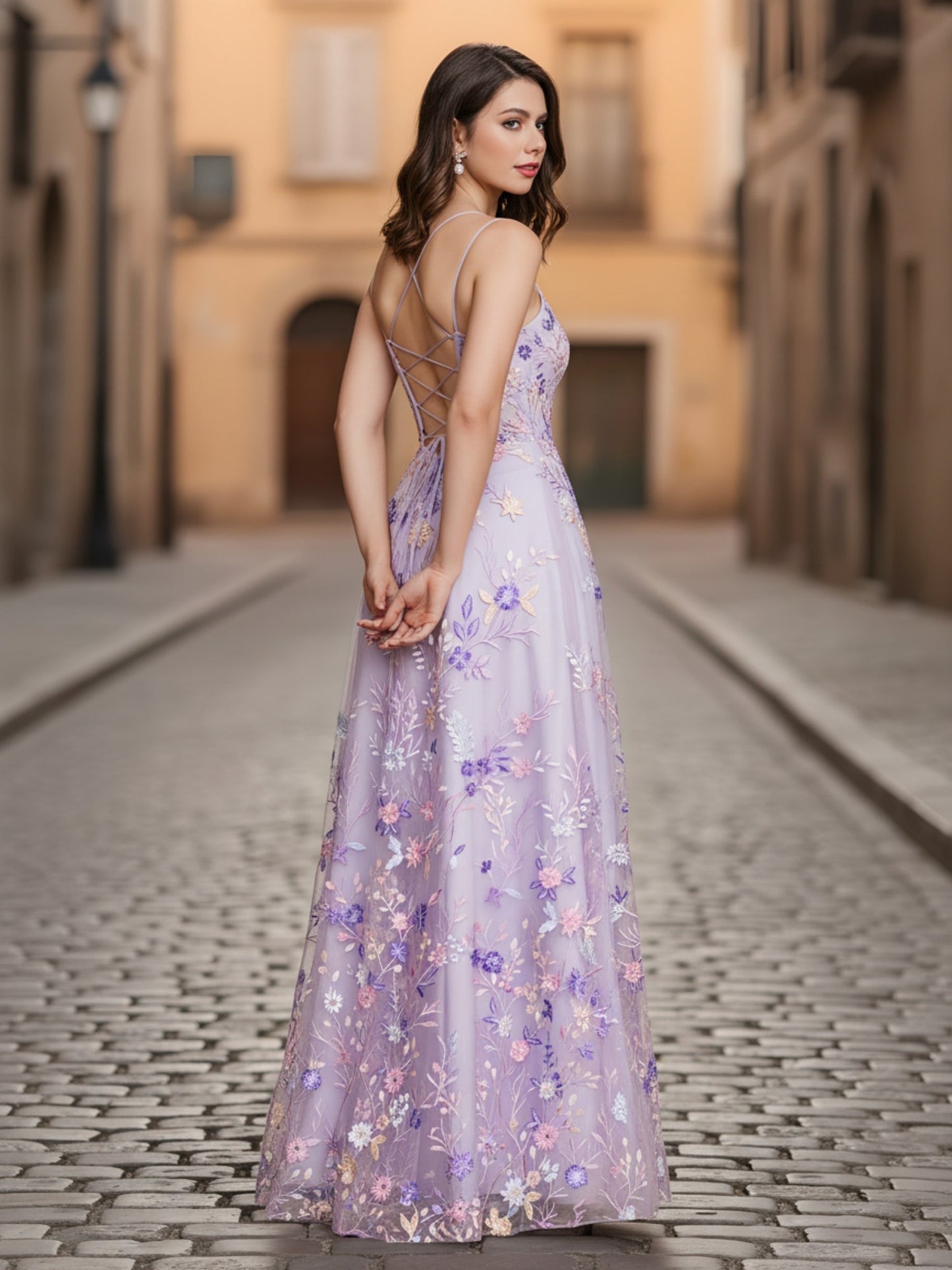 Double Straps A-Line Applique Long Dress With Slit Lilac