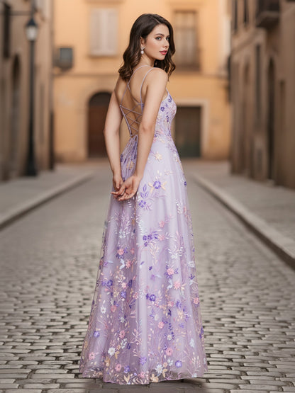 Double Straps A-Line Applique Long Dress With Slit Lilac