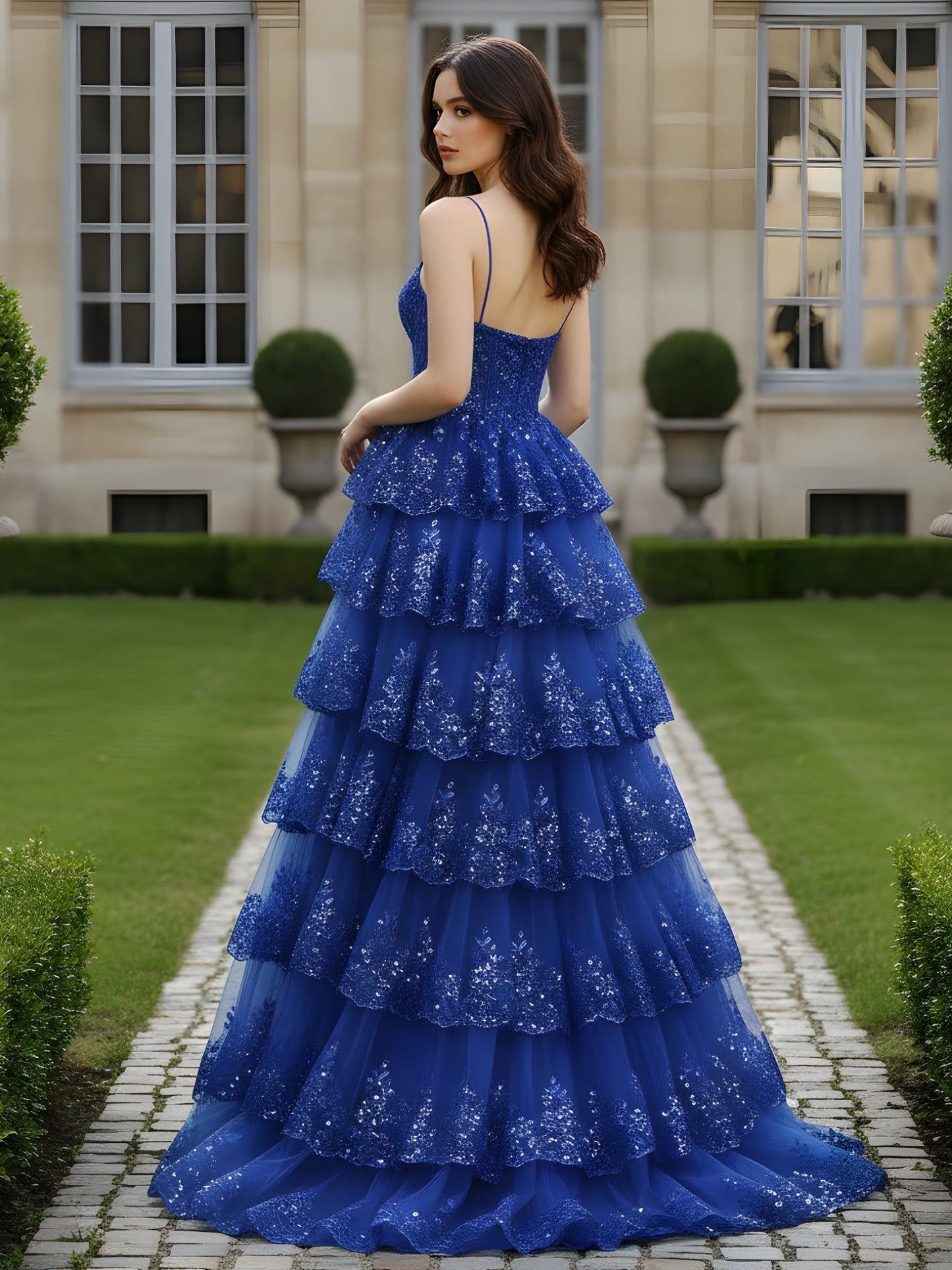 Tiered Ruffle Embellished Spaghetti Strap Gown Royal Blue